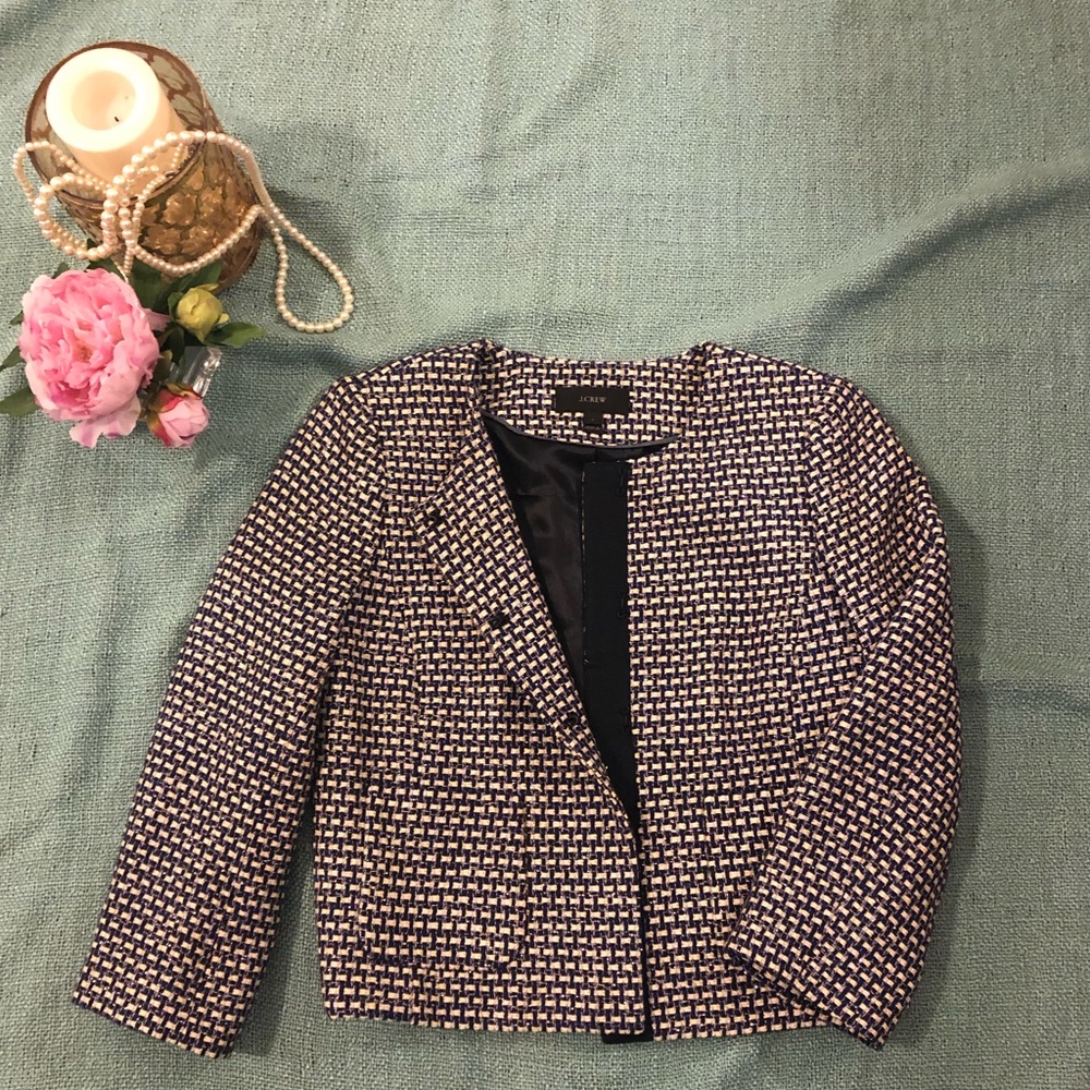 J. Crew navy/purple and white tweed cropped jacket